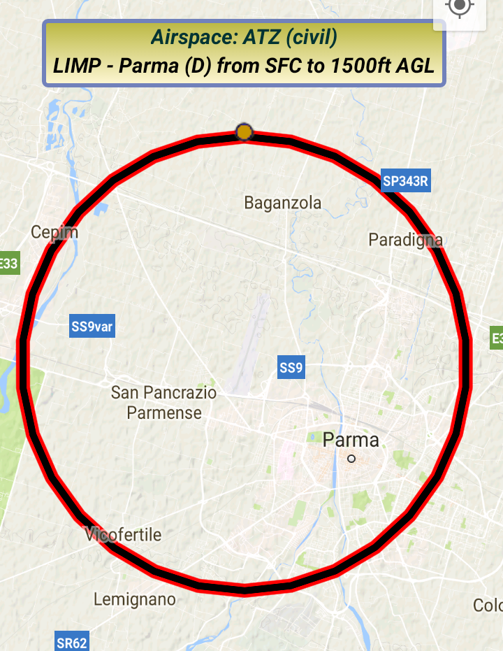 Mappa della Aerodrome Traffic Zone ATZ - zona di traffico aeroportuale dove è possibile volare con autorizzazione ENAC